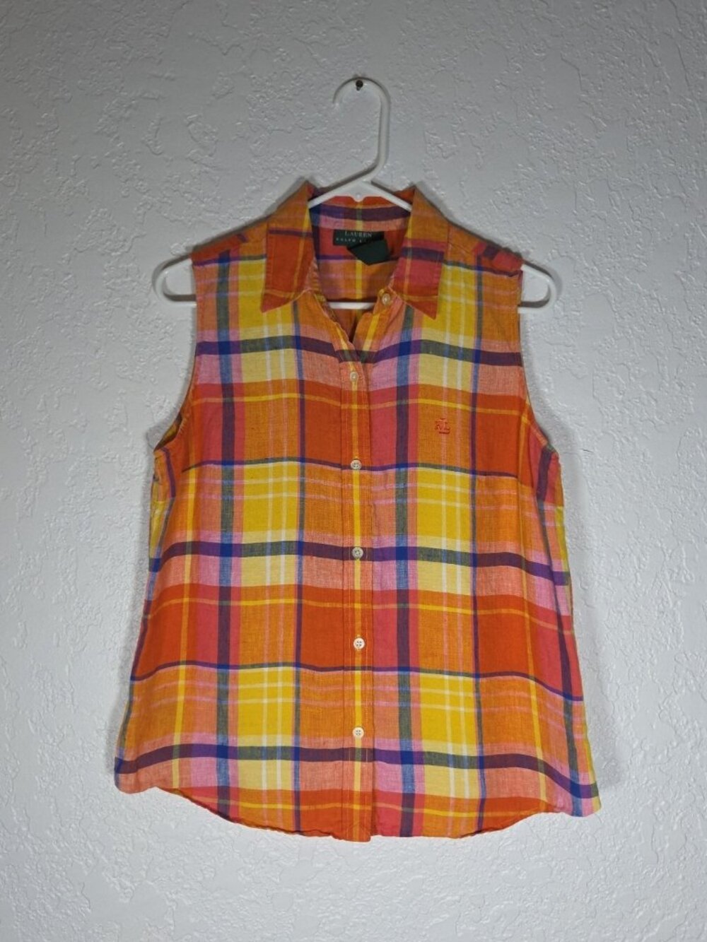 Lauren Ralph Lauren  Madras Linen Plaid Sleeveless Collared Top Size Large
